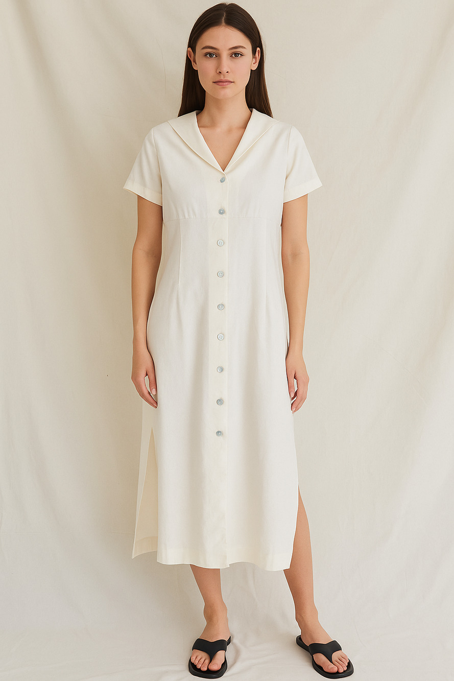 Vintage Statement Ivory Long Shirt Dress Sailor Collar ,side slit Button 12